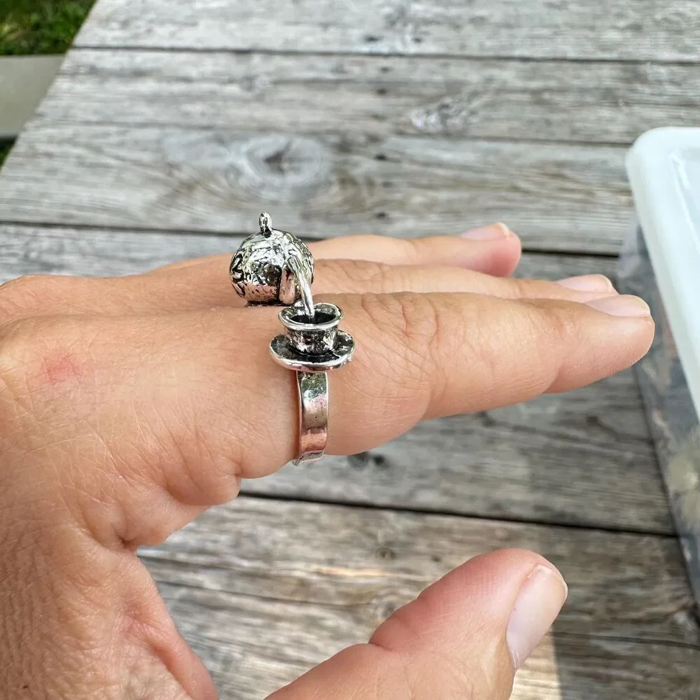 Silver Tone Tea Pot Ring  Tea Time Ring Unique Gift